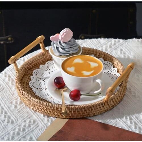 Handwoven Round Severing Tray Food Storage Platters Wicker Basket Food Display For Breakfast Drink Durable Woven Basket
