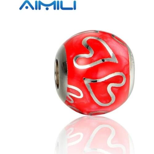 Fashion Jewelry Red Enamel Charms 925 Sterling Silver Heart Round Beads Fits Brand Diy Bracelets AMLD006H20