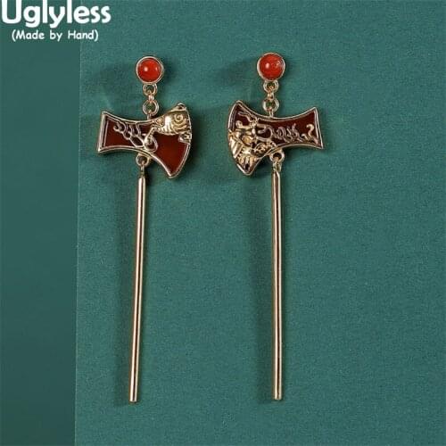 Uglyless Novel Creative Asymmetric Ax Earrings for Women Ethnic Long Sticks Dangle Earrings Gold 925 Silver Agate Brincos Bijoux