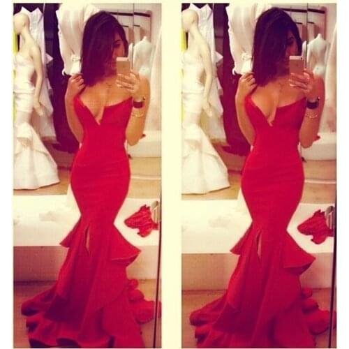 Stunning robe de soiree 2018 slits out tiered sexy red mermaid party prom gown ruffles vestido de noiva bridesmaid dresses