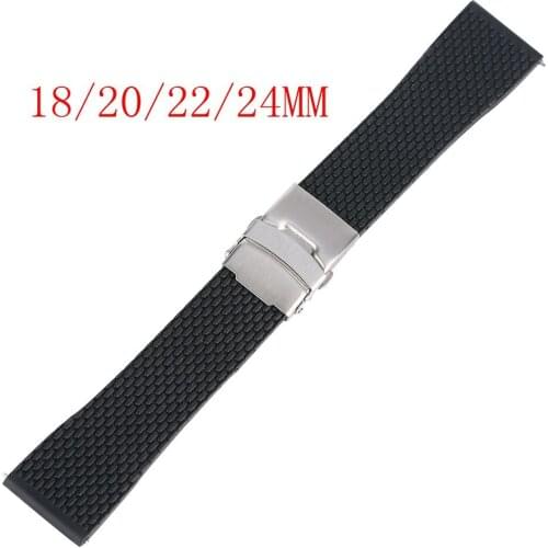 18MM/20MM/22MM/24MM Width Black Rubber Wristwatch Band Strap with Safety Folding Clasp Soft Silica Replacement Watches Strap