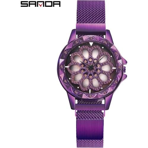SANDA 2020 Fashion Women Watch Unique Flower Rotating Dial Quartz Wristwatch Milan Mesh Belt Magnet Buckle Relogio Feminino 233