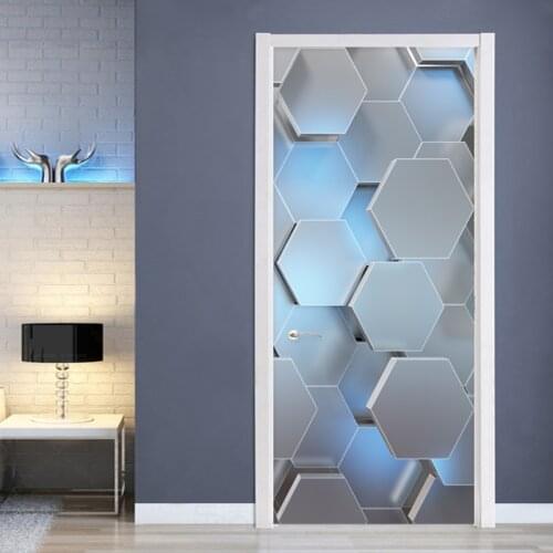 Modern 3D Stereo Geometric Door Mural PVC Self-Adhesive Waterproof Wall Sticker Living Room Creative Decor Door Stickers Poster