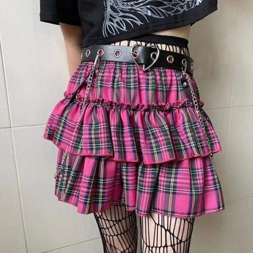 Girl Y2k Ruffles Harajuku Midi Fushia Elastic Waist Skirts Gothic Lady Plaid Pleated Mini Skirt Summer Sexy Korean Fashion Cloth