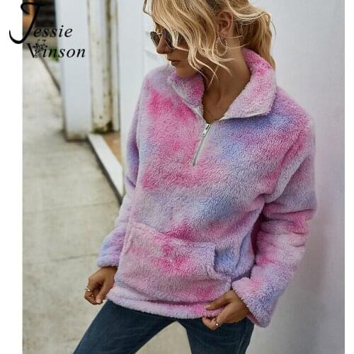 Jessie Vinson Tie Dye Hoodie Sweatshirt Women Turn-down Collar Zipper Front Pocket Fleece Sweatshirt Winter Warm Jacket Outwear
