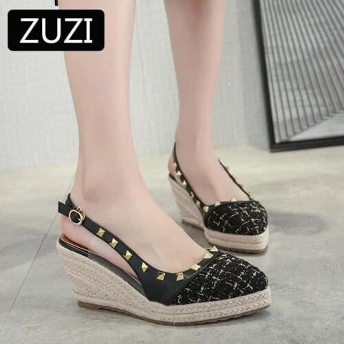 ZUZI Womens Wedges Sandals 2021 New Summer Pointed Rivet PVC Straw Woven Thick-soled High-heeled Shoes Women