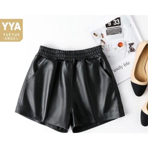 Fashion Women Casual Loose Fit Genuine Leather Shorts Streetwear Real Sheepskin Wide Leg Short Trousers Shorts Plus Size 3XL