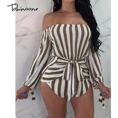 Tobinoone Off Shoulder Striped Sexy Jumpsuit Women Backless Full Sleeveless Knot Cuff Tie Romper High Waist Beach Autumn Clothes