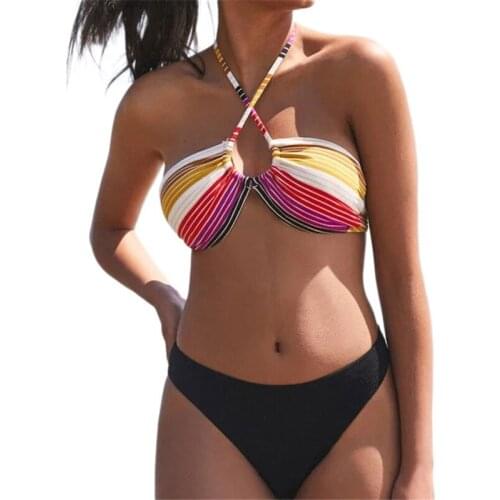 Sexy Women Triangle Bikini 2020 Halter Top Push Up Padded Bra Stripe Bandage Swimwear 2pcs Beachwear Swimming Suit For Women Set