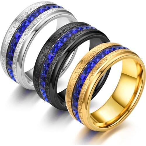 2021 Classical Matte Single Row Blue Zircon Rings for Men Party Jewelry Accessories Fashion Men Stainless Steel Rings