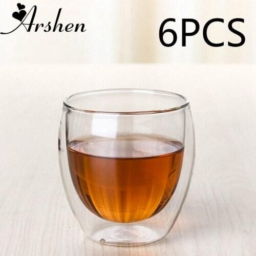 Arshen 6pcs/Set 80ml Double Wall Glass Clear Coffee Handmade Heat Resistant Mini KungFu Tea Cup Healthy Drink Insulated Glass