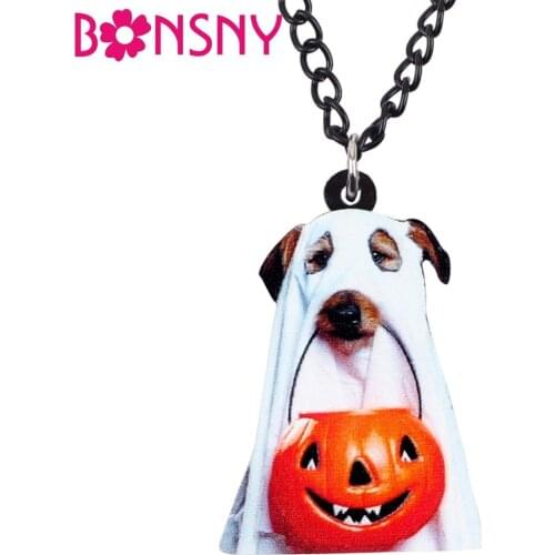 Bonsny Acrylic Halloween Costume Pumpkin Ghost Dog Necklace Chain Choker Novelty Animal Jewelry For Women Girls Pet Lovers Gift