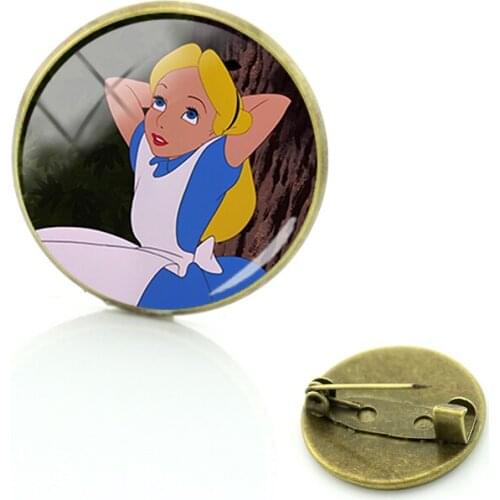 Disney Alice In Wonderland Pattern Brooch Pin Round Glass Mens And Womens Fashion Vintage Boutique Jewelry