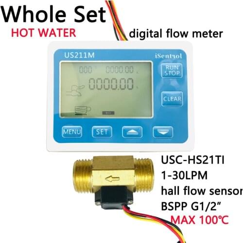 Hot Water US211M Digital Water Flow Meter Hall Water Flow Sensor Reader with Brass USC-HS21TI 1-30L/min hall water flowmeter