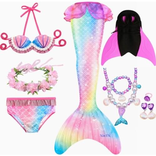 Kids Summer Mermaid Tail with Flipper for Girl Holiday Princess Costume Swimmable Suit Party Bikini Dress Suit