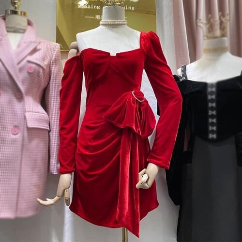 Elegant Velvet Dress for Women Slimming Fit Low-Cut Long Sleeve Red Dresses Lady Party Vestidos 2021