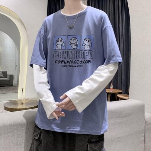 Fake Two Pieces Long Sleeve T Shirt for Men Autumn Cute Cartoon Print O Neck Korean Fashion Streetwear Harajuku Oversized Tops