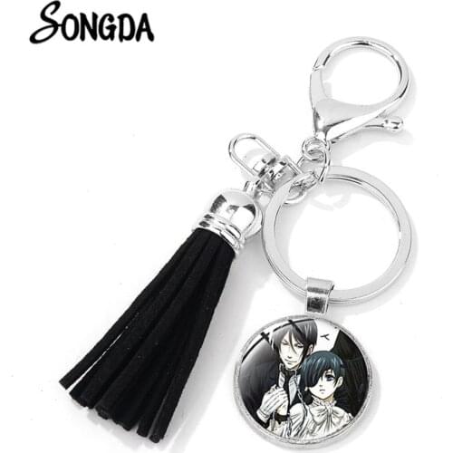 Kuroshitsuji Black Butler Keychain Ciel Phantomhive Sebastian Michaelis Figures Key Chain Transparent Glass Dome Tassel Key Ring