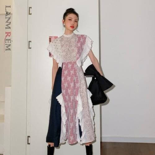 LANMREM Vintage Patchwork Long Dresses Women Ruffle Sleeve Ladies Elegant Dress 2021 Fashion Streetwear Summer Clothing 2D1751