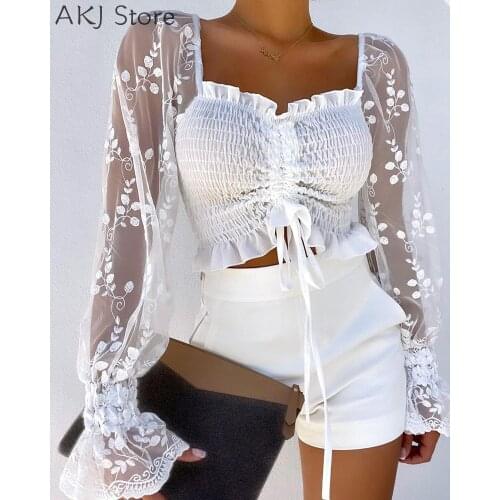 Summer Women Shirring Detail Frill Hem Leaf Pattern Mesh Top