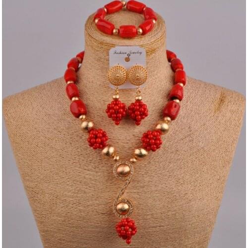 Nigerian Coral Beads Bridal Jewelry Sets Orange/White/Red Coral Necklace African Jewelry Set 1C-S01