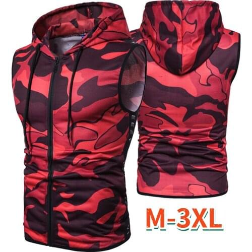 Summer New Camouflage Zipper Hooded Sleeveless Camouflage Printed Fitness Sports Vest Men Clothing