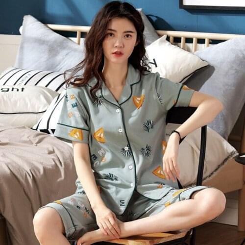 Pure cotton pajamas women short-sleeved 3/4 pant sleepwear set lapel large size loose summer home pyjama suit new pijama mujer