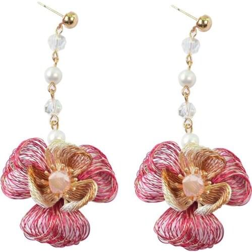 Ethnic Style DIY Copper Wire Braided Drop Earrings for Women Girls Fashion Crystal Pearls Patchwork Flower Earrings Accessories