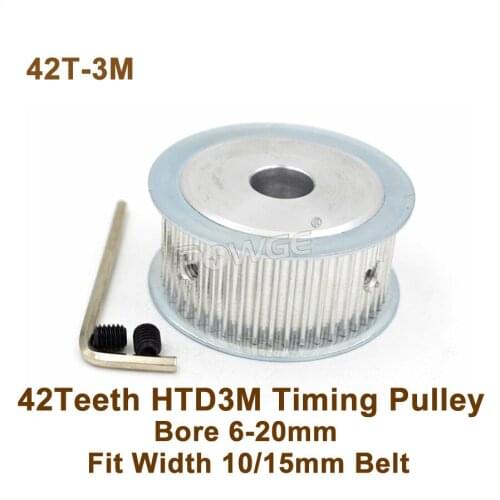 POWGE 42 Teeth 3M Synchronous Pulley Bore 6-20mm Fit Width 10/15mm 3M Belt 42T 42Teeth HTD 3M Timing Belt Pulley 42-3M AF