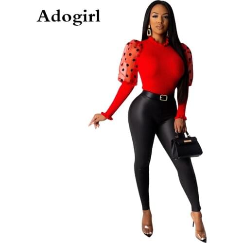 Polka Dot Sheer Mesh Puff Sleeve Sweater Solid Ruffles Collar Tees Bandage Knitted Shirts Sexy Night Club Party Street Tops