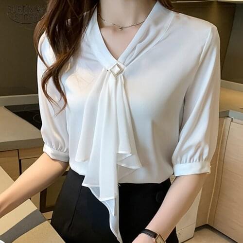 Office V Neck Short Sleeve Women Shirts 2021 Summer White Chiffon Blouses Women Fashion Ladies Tops Clothing Blusas Mujer 15120