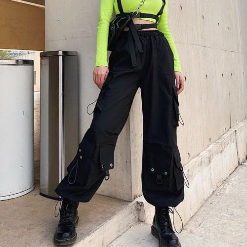 Womens Cargo Pants Ribbon Pocket Jogger Elastic Waist High Streetwear Harajuku Pant Punk Females Trousers