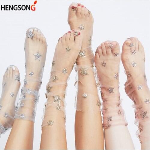 Chic Womens Harajuku Glitter Stars Socks.Ladies Transparent Mesh Gold Sliver Shiny Stars Fishnet Socks Hosiery Sox