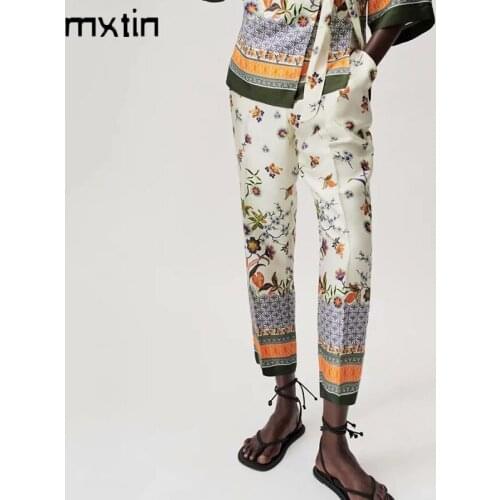 MXTIN 2021 Women Spring Fashion Floral Print Straight Pants Vintage Elastic Waist Fly Side Pockets England Style Trousers Mujer