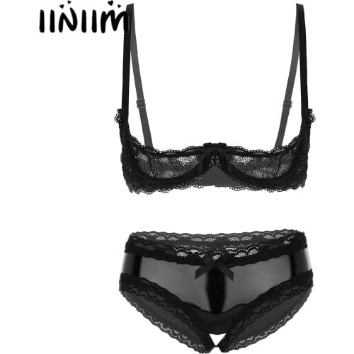 Women Two-piece Suit Honeymoon Gift See-through Sheer Lace 1/4 Underwire Bra Tops with Patent Leather Hollow Out Back Briefs