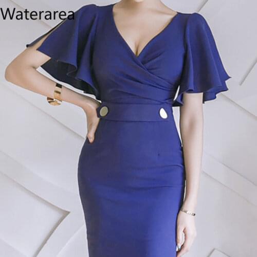2019 Summer New Women V-Neck Short Butterfly Sleeve Solid Color Bodycon Knee Length Dress Sexy Office Lady Dress ZA01199