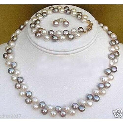 WomensWedding Natural Fine Jewelry Black White pearl necklace bracelet earrings set real new-jewelry