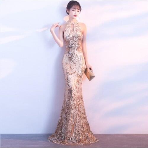 Sequins Sleeveless Evening Dresses Halter Elegant Mermaid Zipper Back New Floor-length Plus size Women Formal Party Dress C1162