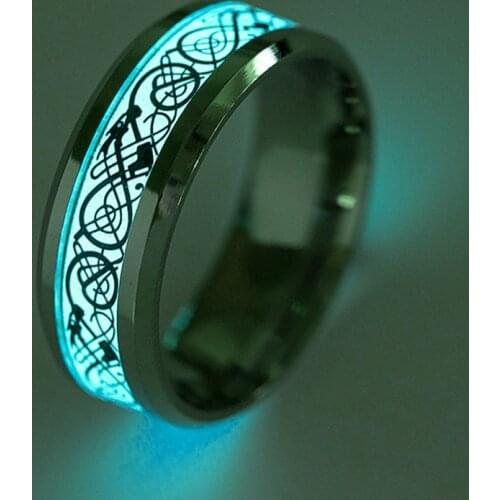 2021 Womens Luminous Stainless Steel Dark Gold Dragon Inlaid Blue Background Fashion Mens Fluorescent Luminous Exquisite Ring