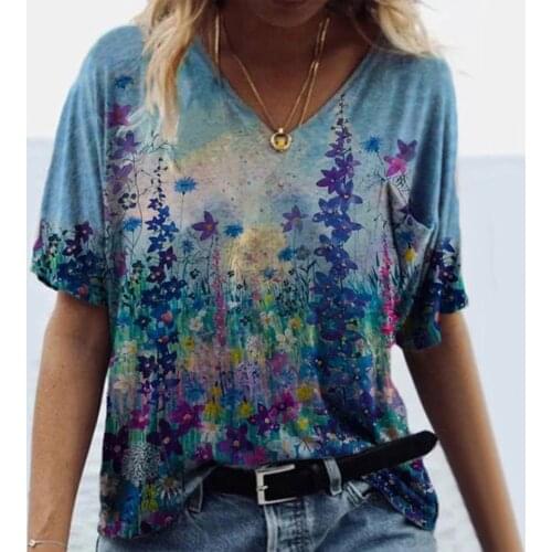 40#Plus Size T Shirts Women Short Sleeve Floral Printed V-Neck Tops Tee T-Shirt Summer Harajuku Elegant Casual Shirts Tee Tops
