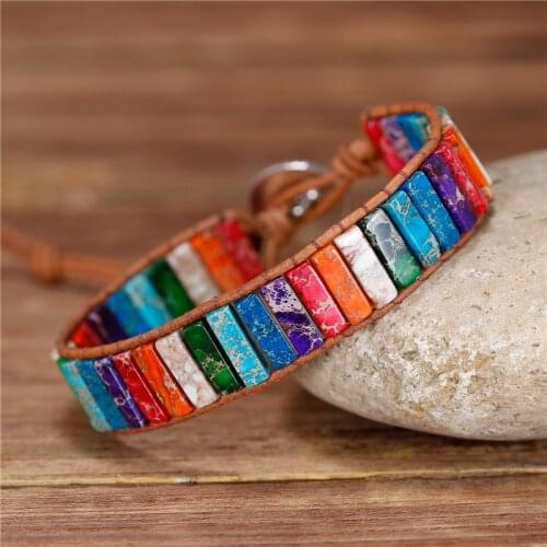 7 Chakra Bracelet Jewelry Handmade Multi Color Natural Stone Tube Bead Leather Wrap Bracelet Couples Bracelets Gifts Dropshiping