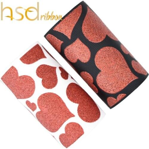 HSDRibbon 75mm 3inch Red Glitter Love heart Pattern printed on Black and White Grosgrain Ribbon