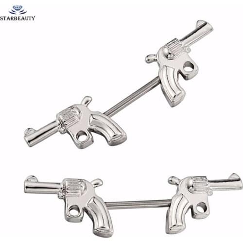 Starbeauty 1 Pair Punk Double Gun Nipple Piercing 14G 1.6x15mm Surgical Steel Nipple Rings Body Jewelry Barbell Nipple Ring M829
