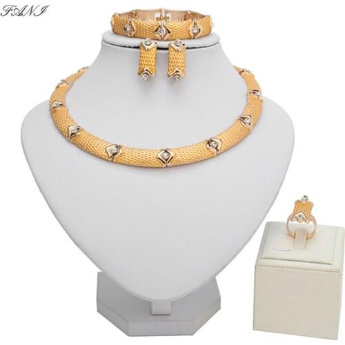 Fani Dubai Gold Jewelry Set Brand Fashion African Beads Necklace Ring Earrings Wedding woman accessories jewelry set Wholesale