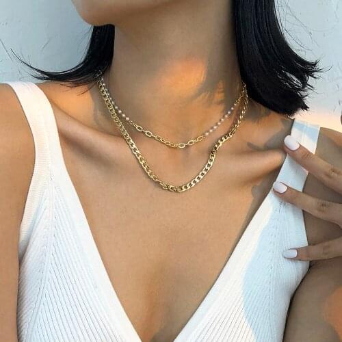 Lalynnly New Fashion Simulation Pearl Pendants Necklaces For Women Double Layers Clavicle Chain Neck Jewelry Accessories N8537
