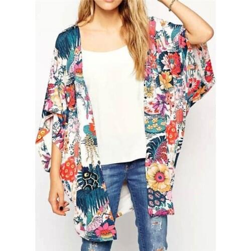 Summer Women Blouses Chiffon Blouse Women Ladies Fashion Floral Printing Loose Shawl Cardigan Boho Chiffon Tops Jacket Blouse