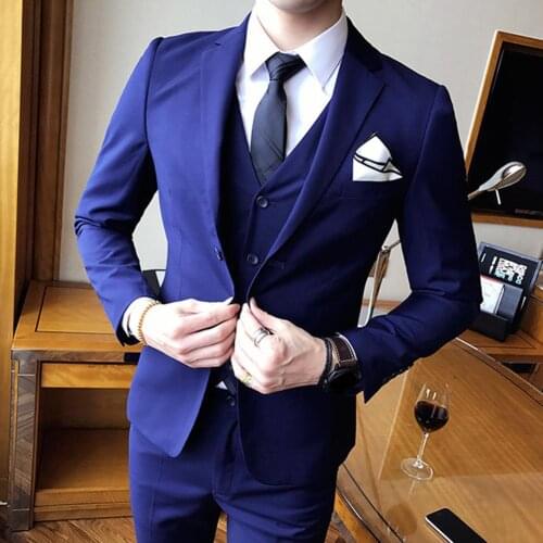 Business suit men set Autumn Solid Lapel Collar Coat Jacket Vest Pants Suit Set Wedding Suit Slim Fit костюм деловой мужской