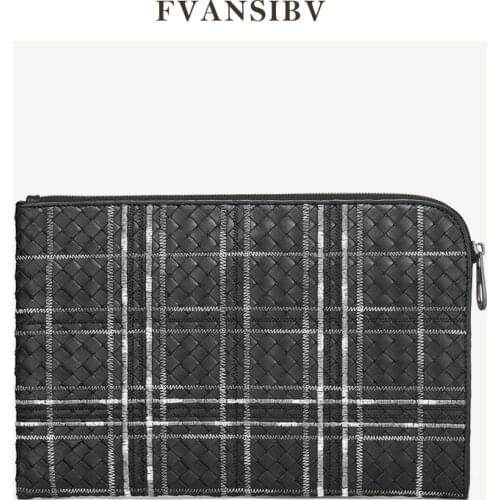 Genuine Leather Mens Clutch Sheepskin Woven Embroidery Fashion Brand Envelope Bag Multi-Function Large Capacity A4 Magazine New