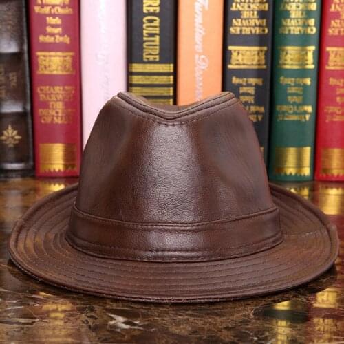 New Male 100% Genuine Leather Jazz Hat Adult Fedoras Hat Male Sheepskin Fedoras Cap Elderly Quinquagenarian Cowboy Hat B-7284