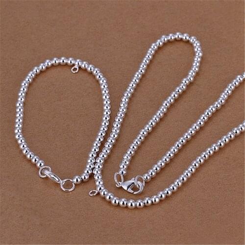 Wholesale silver color jewelry sets high quality European retro 4MM light bead necklace bracelets jewelry set , S062